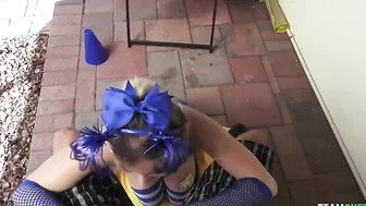Enticing blonde cheerleader sucks XXX prick outdoors in POV video