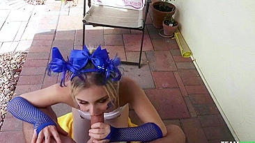 Enticing blonde cheerleader sucks XXX prick outdoors in POV video