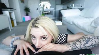 Nice POV clip of petite blonde giving XXX blowjob to excited lover