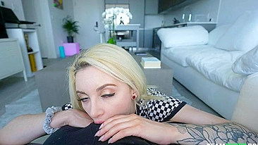 Nice POV clip of petite blonde giving XXX blowjob to excited lover