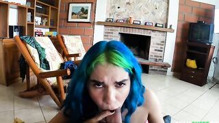 Blue-haired lassie sucks throbbing XXX penis in amazing POV video