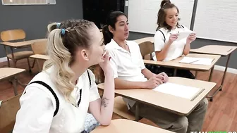 Two minxes give XXX blowjob to friend in classroom during detention Two minxes give XXX blowjob to friend in classroom during detention