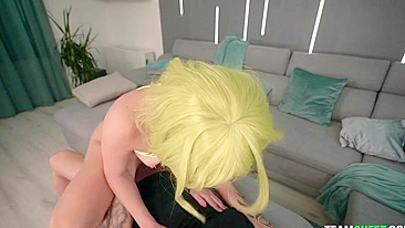 Teen with the yellow wig receives XXX pleasure in cowgirl fucking