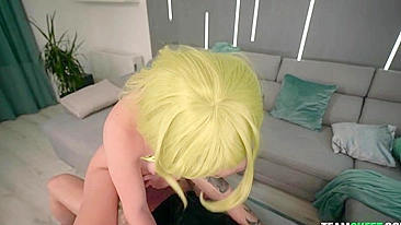 Teen with the yellow wig receives XXX pleasure in cowgirl fucking