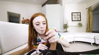 XXX slut with red hair in striped top has oral sex with her stepbrother