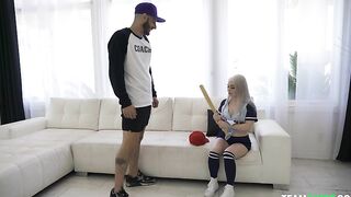 Dressed platinum blonde blows XXX cock of her baseball coach's dick