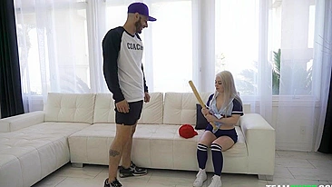 Dressed platinum blonde blows XXX cock of her baseball coach's dick