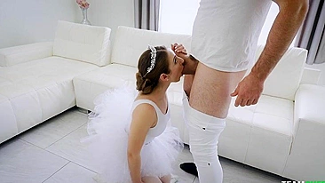 Sexy XXX ballerina in white works her blowjob magic with the dick