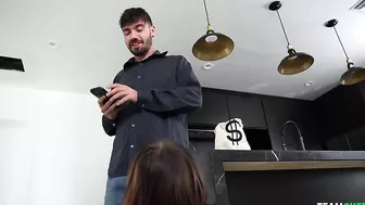 Dressed slut gets on the knees to give the stud XXX blowjob in POV