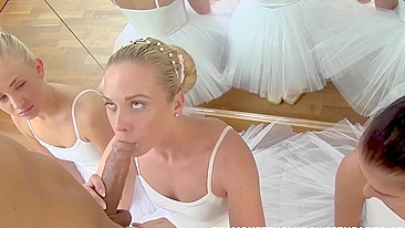 Three winsome ballerinas get on the floor to blow XXX dick together