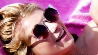 Guy bonks XXX teen skank in pink swimsuit with sunglasses by the pool