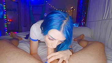 Girl with blue hair Jewelz Blu wanks cock with hand during XXX blowjob