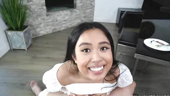 Oriental girl has mouth penetrated by XXX horny man behind the camera