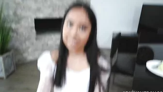 Oriental girl has mouth penetrated by XXX horny man behind the camera