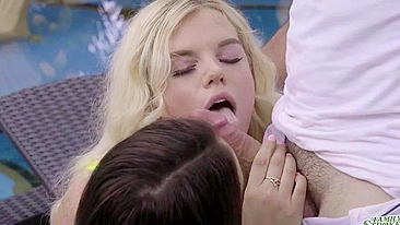 Blonde and brunette girlfriends are face-fucked by excited XXX partner