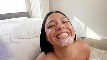Latina XXX whore with naked boobs receives boy's sperm on her face