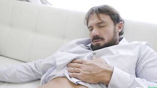 XXX slut touches cock and has mouth fucked by her bearded stepdad