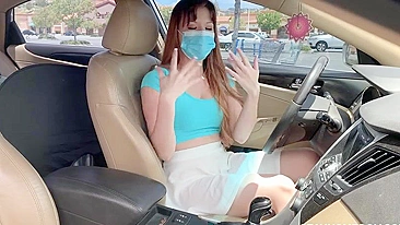 Slutty loner touches nipple and plays with her XXX opening in the car