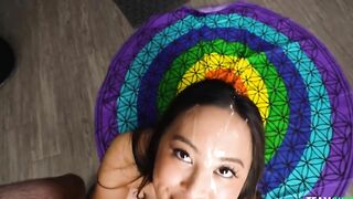 Skinny Asian XXX whore fools around to facial cumshot in front of cam