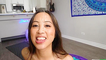 Skinny Asian XXX whore fools around to facial cumshot in front of cam