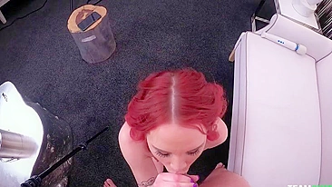 Tattooed chick with hair dyed in red is open to XXX face-fucking
