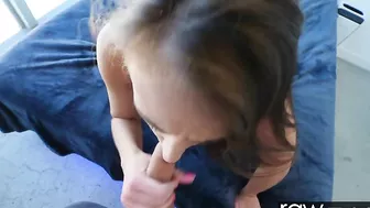 Guy behind camera bonks the skinny XXX slut's mouth on blue bedsheets