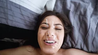 Cheating XXX bitch is going to remember facial cumshot by stepfather