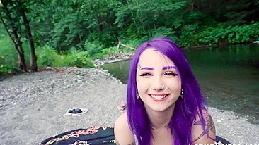 Excited emo young woman loves facial cumshot in outdoor XXX porn