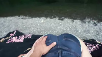 Purple-haired minx polishes friend's XXX cock outdoors by the lake