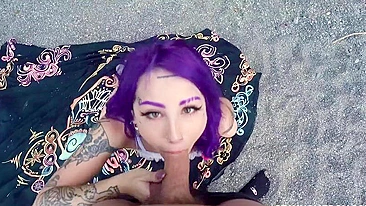 Purple-haired minx polishes friend's XXX cock outdoors by the lake