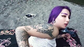 Inked gal with purple hair drilled in XXX doggy outdoors in nature