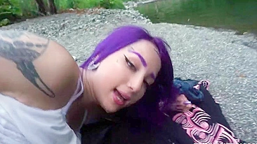 Inked gal with purple hair drilled in XXX doggy outdoors in nature