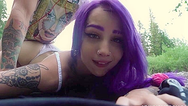Inked gal with purple hair drilled in XXX doggy outdoors in nature