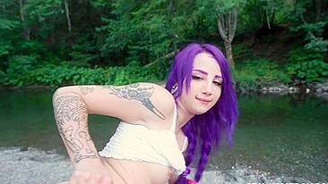 Purple-haired minx rides BF's XXX prick outdoors by the small lake