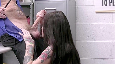 Inked MILF gives security officer nice XXX blowjob in his cabinet