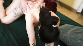 Excited boy stretches tiny stepsister on the bed in XXX doggystyle