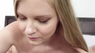 Lovely blonde is naked and eager to suck stepbro's XXX dick on bed