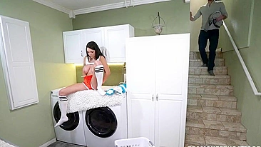 Guy catches busty roommate rubbing XXX clit on the washing machine