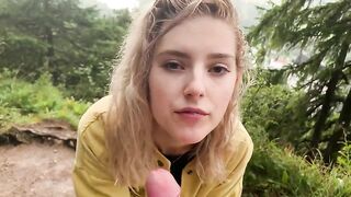 Adorable teen gives horny boyfriend XXX blowjob right in the forest