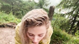 Adorable teen gives horny boyfriend XXX blowjob right in the forest