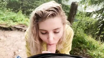 Adorable teen gives horny boyfriend XXX blowjob right in the forest