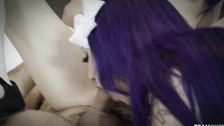 Purple-haired nymphs ride XXX prick during kinky threesome on bed