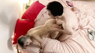 Svelte beauty passionately drilled by BF on bed in XXX doggystyle