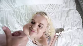 Playful blonde rewarded with amazing XXX facial after sex on bed