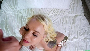 Playful blonde rewarded with amazing XXX facial after sex on bed