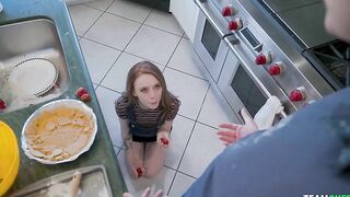 Petite minx pleases tall stepbrother with XXX blowjob in kitchen