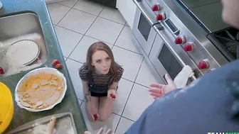 Petite minx pleases tall stepbrother with XXX blowjob in kitchen