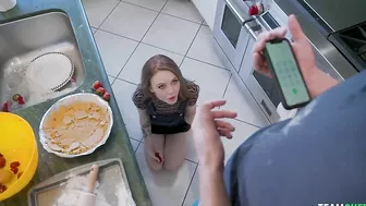 Petite minx pleases tall stepbrother with XXX blowjob in kitchen