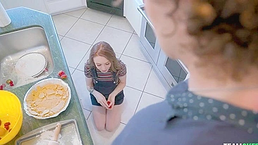 Petite minx pleases tall stepbrother with XXX blowjob in kitchen