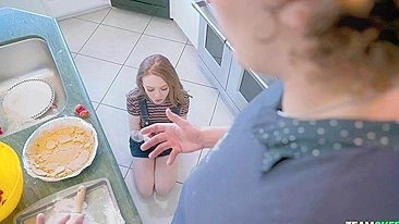 Petite minx pleases tall stepbrother with XXX blowjob in kitchen